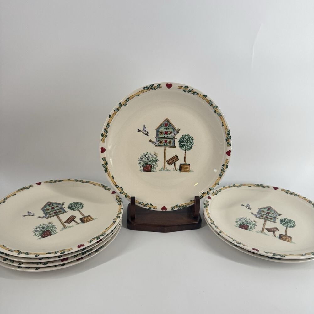 Thompson Pottery Birdhouse Dinner Plates SET OF 3 10.25” Cottage Farmhouse Vtg